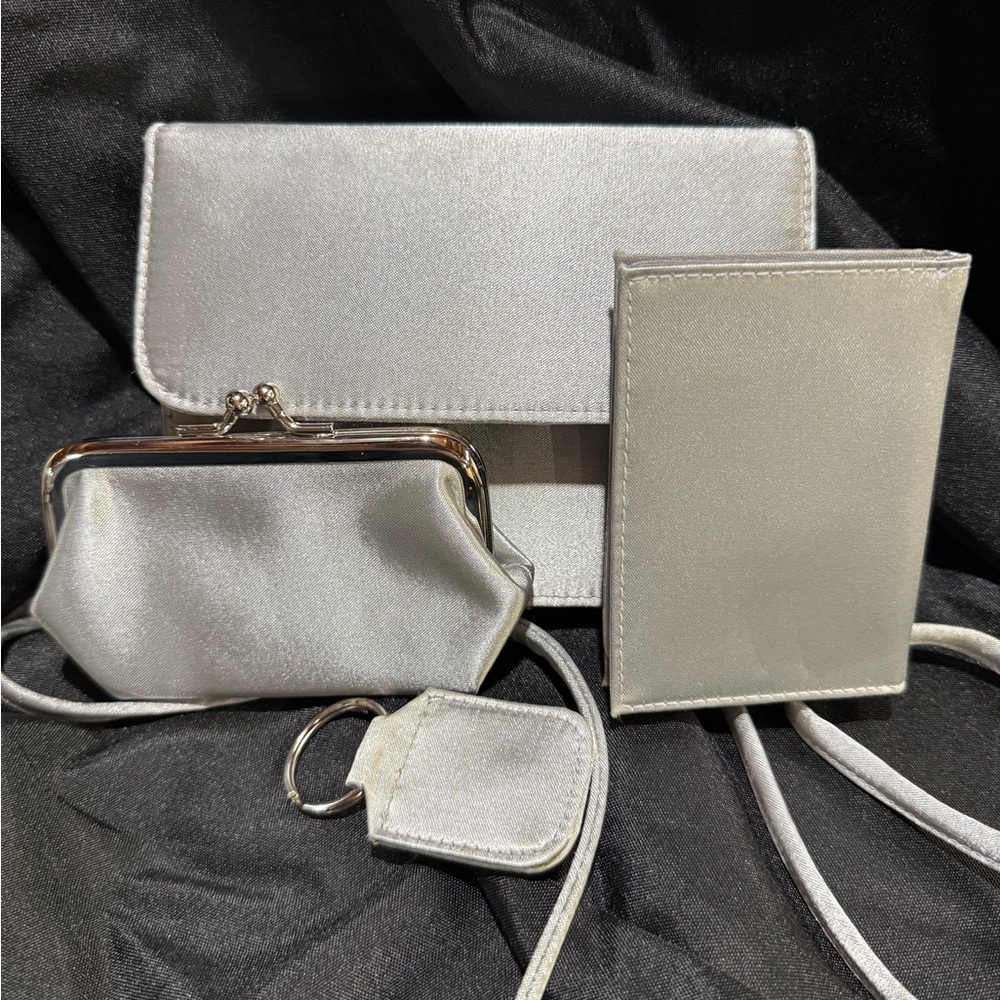Beautiful silver Evening clutch with wallet, change purse, and key chain